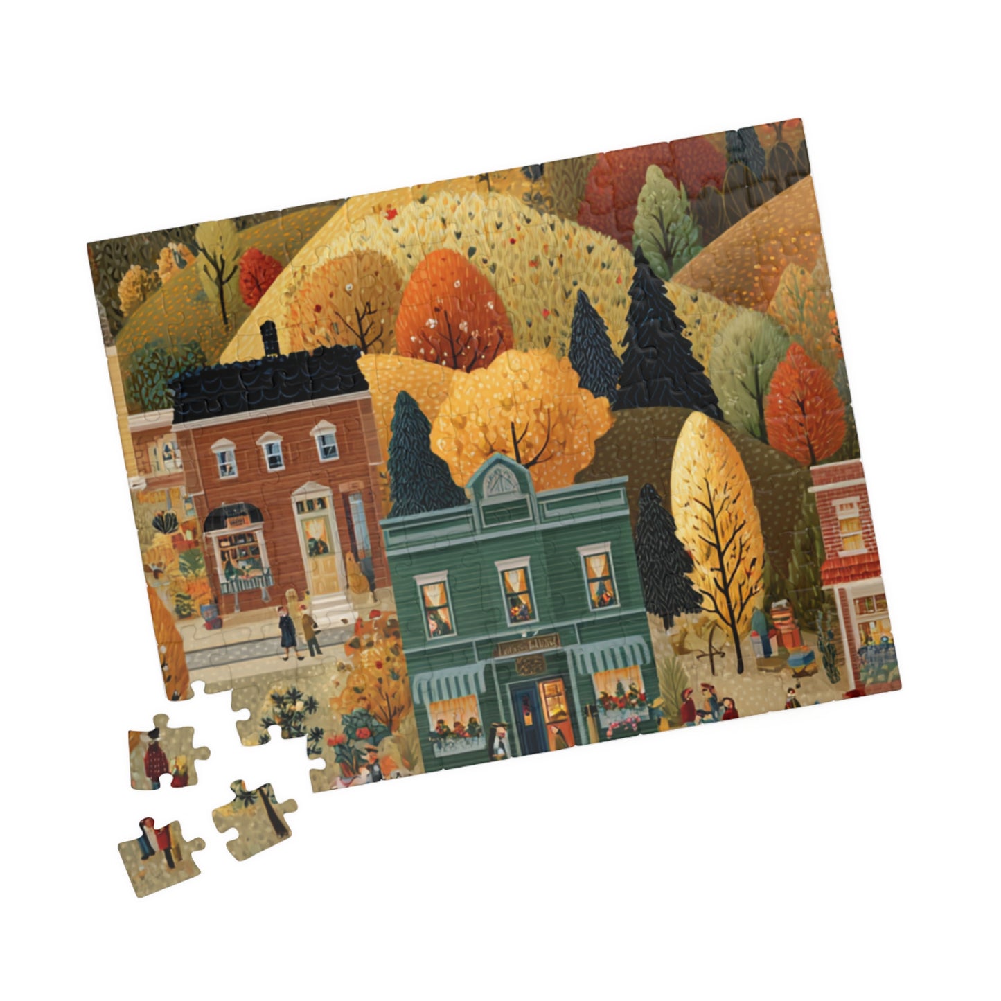 Whispering Pines Village Puzzle | Autumn Mountain Countryside Scene | Cozy Fall Jigsaw Gift | Jazz N’ Coffee Puzzles