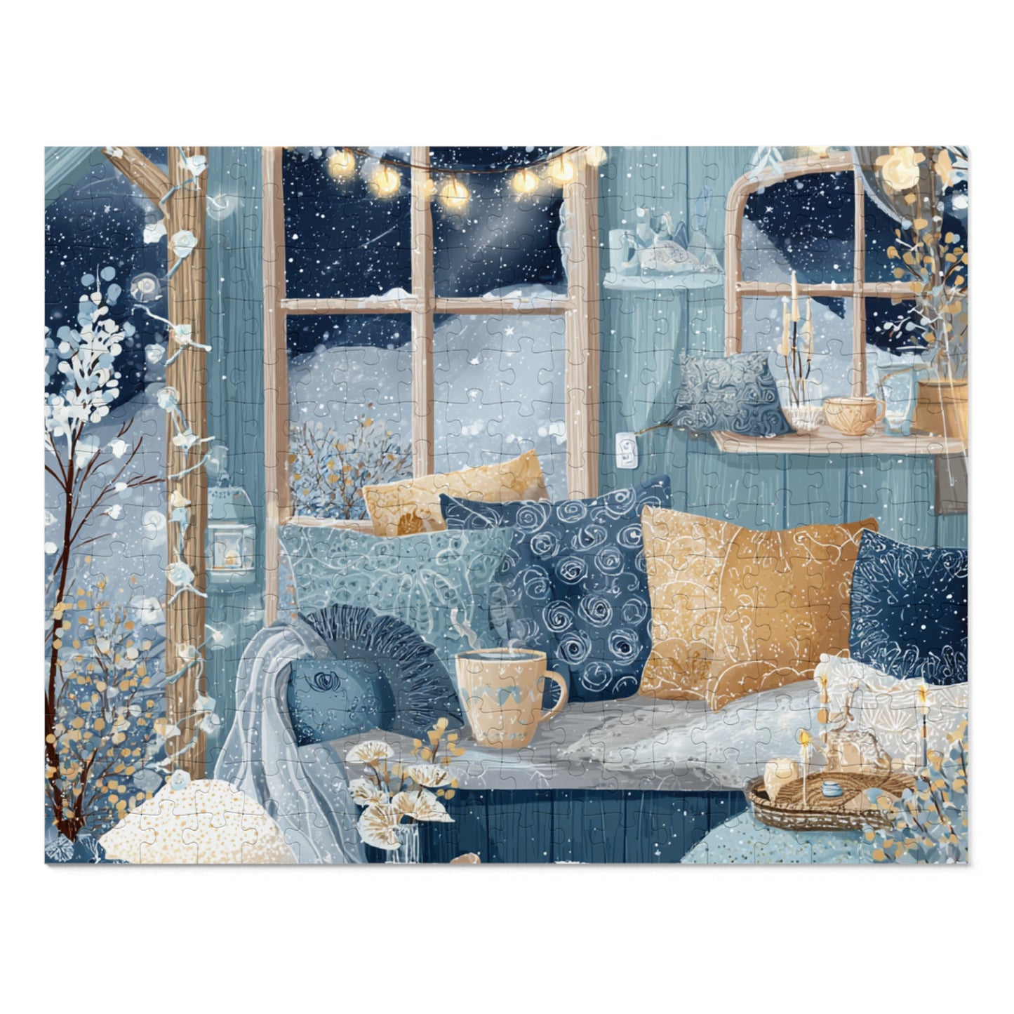 Snowy Hygge Evening by the Window | Cozy Winter Jigsaw Puzzle | Warm Lights, Candles & Cocoa | Relaxing Night-In Puzzle