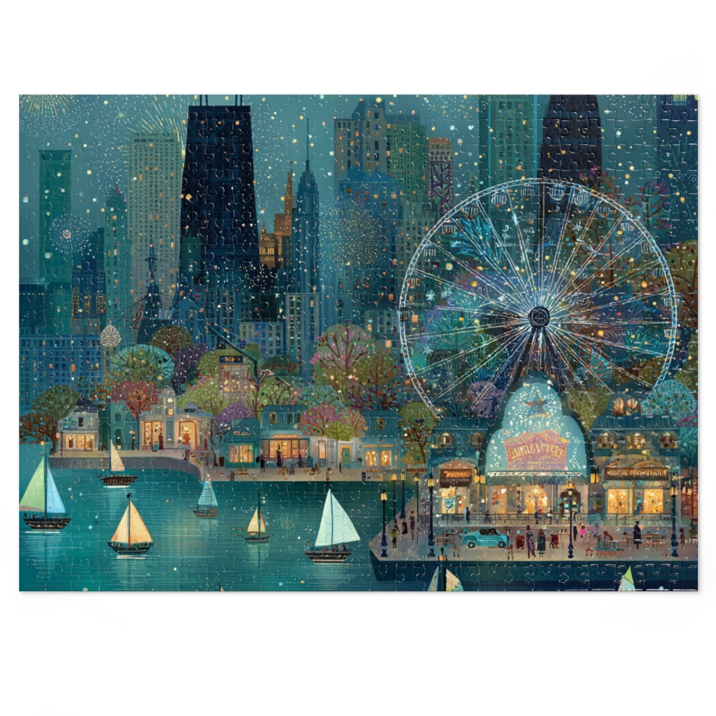 Seattle Waterfront Whimsical Jigsaw Puzzle with Tin