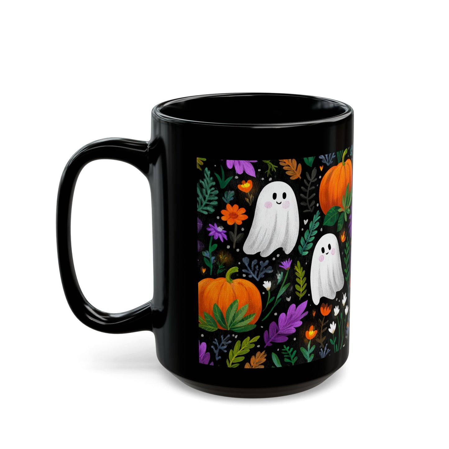 Halloween Black Mug with Cute Ghosts, Pumpkins and Flowers, 11 oz and 15 oz, Fall Decor, Spooky Gift, Autumn Mug, Halloween Celebration