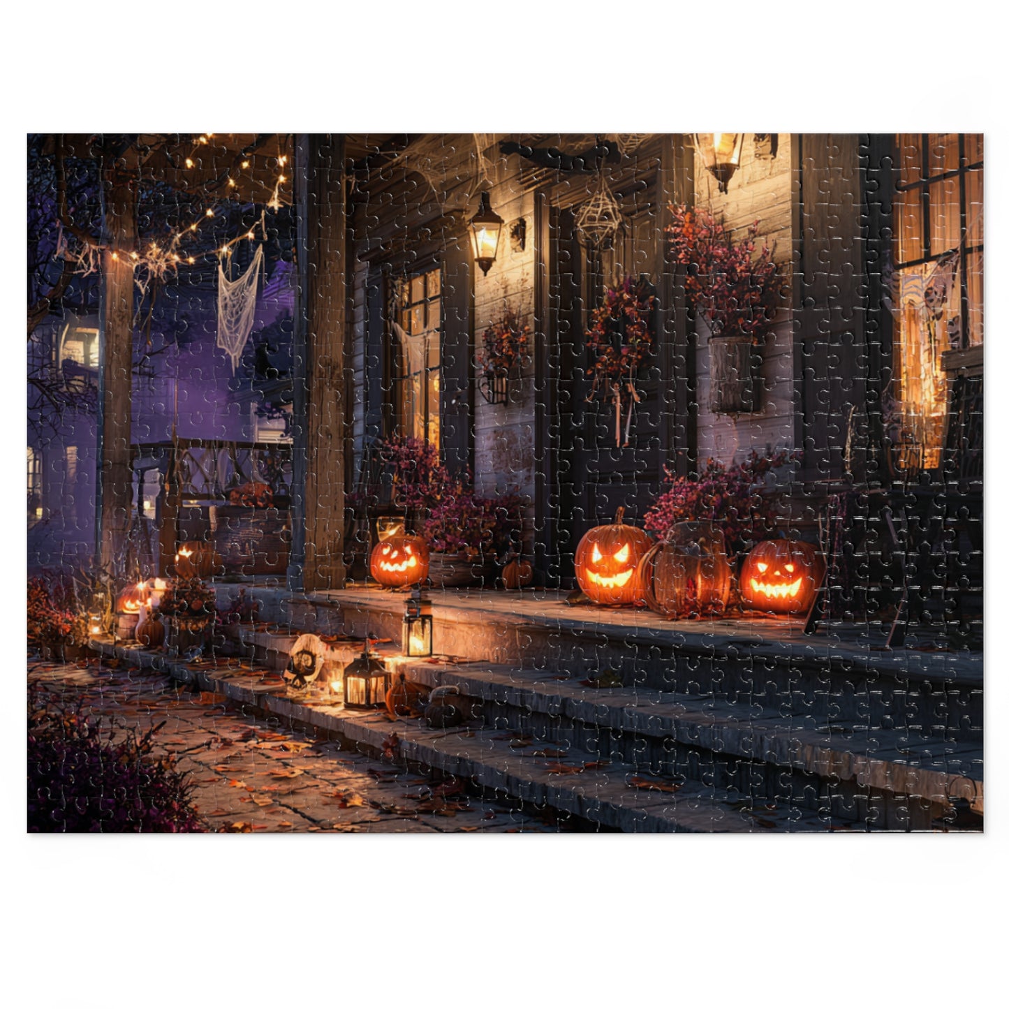 Halloween Porch Jigsaw Puzzle with Tin – Spooky Jack-O’-Lantern Night
