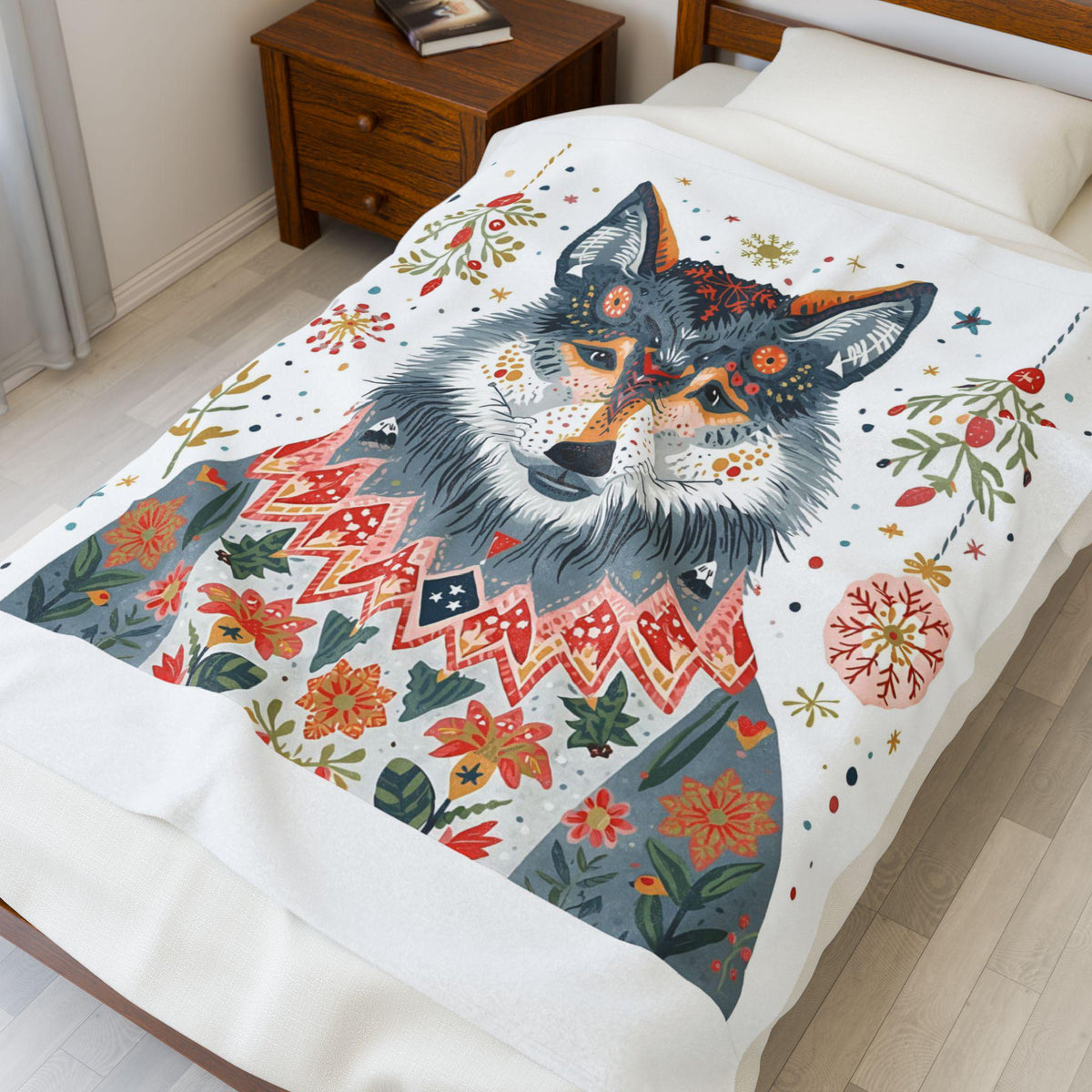 Whimsical Holiday Wolf Sherpa Fleece Blanket | Cozy Winter Throw | Soft Plush Christmas Blanket| Cute Wolf in Sweater | Festive Home Decor