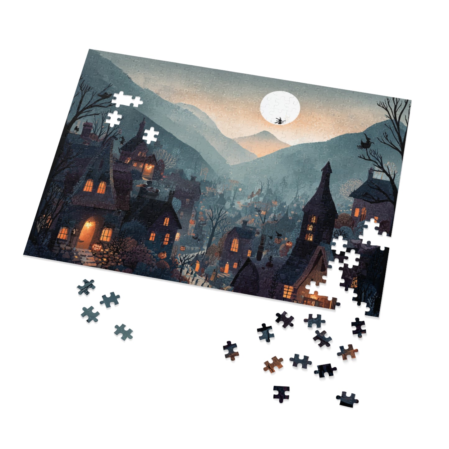 Witchs Coven Village Puzzle, Spooky Halloween Homes, Puzzle with Tin, Halloween Puzzle