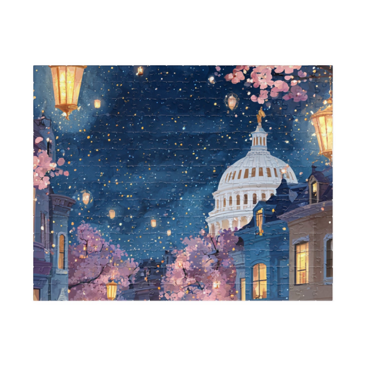 Cherry Blossom Night Skyline Puzzle — Washington Capitol Evening Jigsaw (110–1014 pcs)