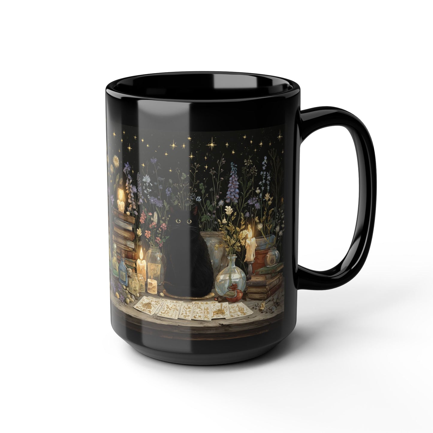 Witchy Black Cat Alchemy Mug — Candlelit Potions & Starry Books (11oz/15oz)