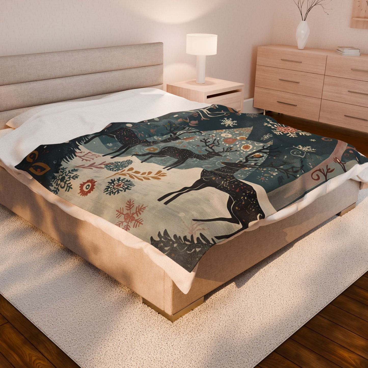 Whimsical Winter Deer Velveteen Plush Blanket | Cozy Woodland Throw | Soft Warm Blanket Gift| Snowflake & Deer Decor | Winter Home Accent