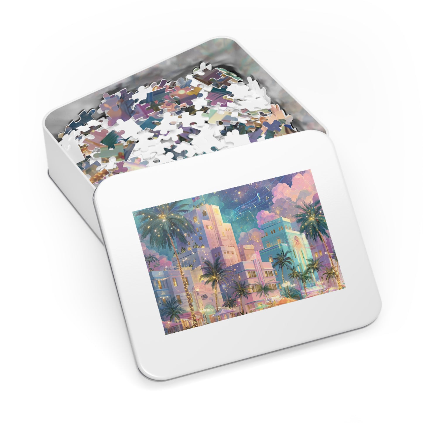Whimsical Miami Puzzle – Colorful Tropical Cityscape-Jigsaw Puzzle with Tin