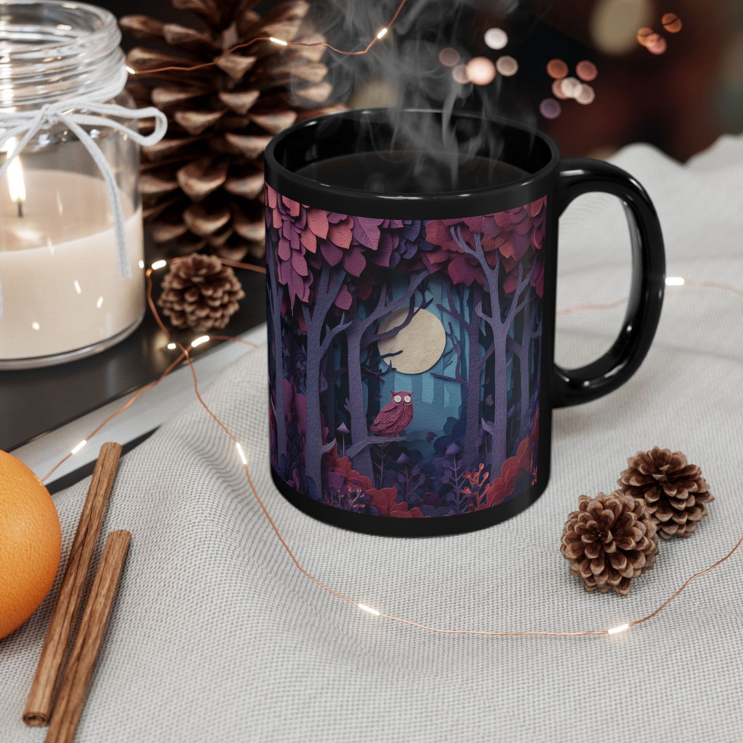 Black Mug with Mystical Forest, Owl and Moon, Colorful Autumn Coffee Cup, Magical Fall Drinkware, 11oz and 15oz