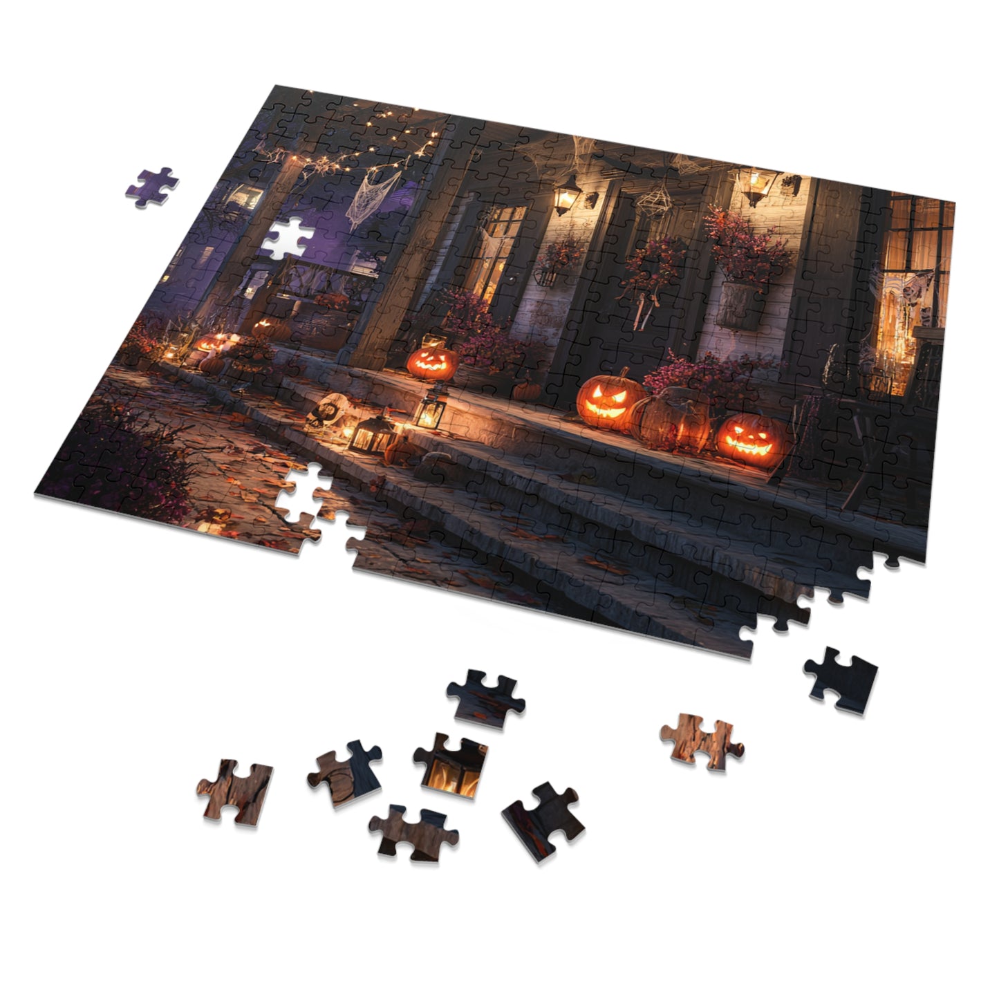 Haunted Halloween Porch Puzzle with Tin, 30, 110, 252, 500, 1000 and 2000-piece variations, Puzzle for Halloween Lovers