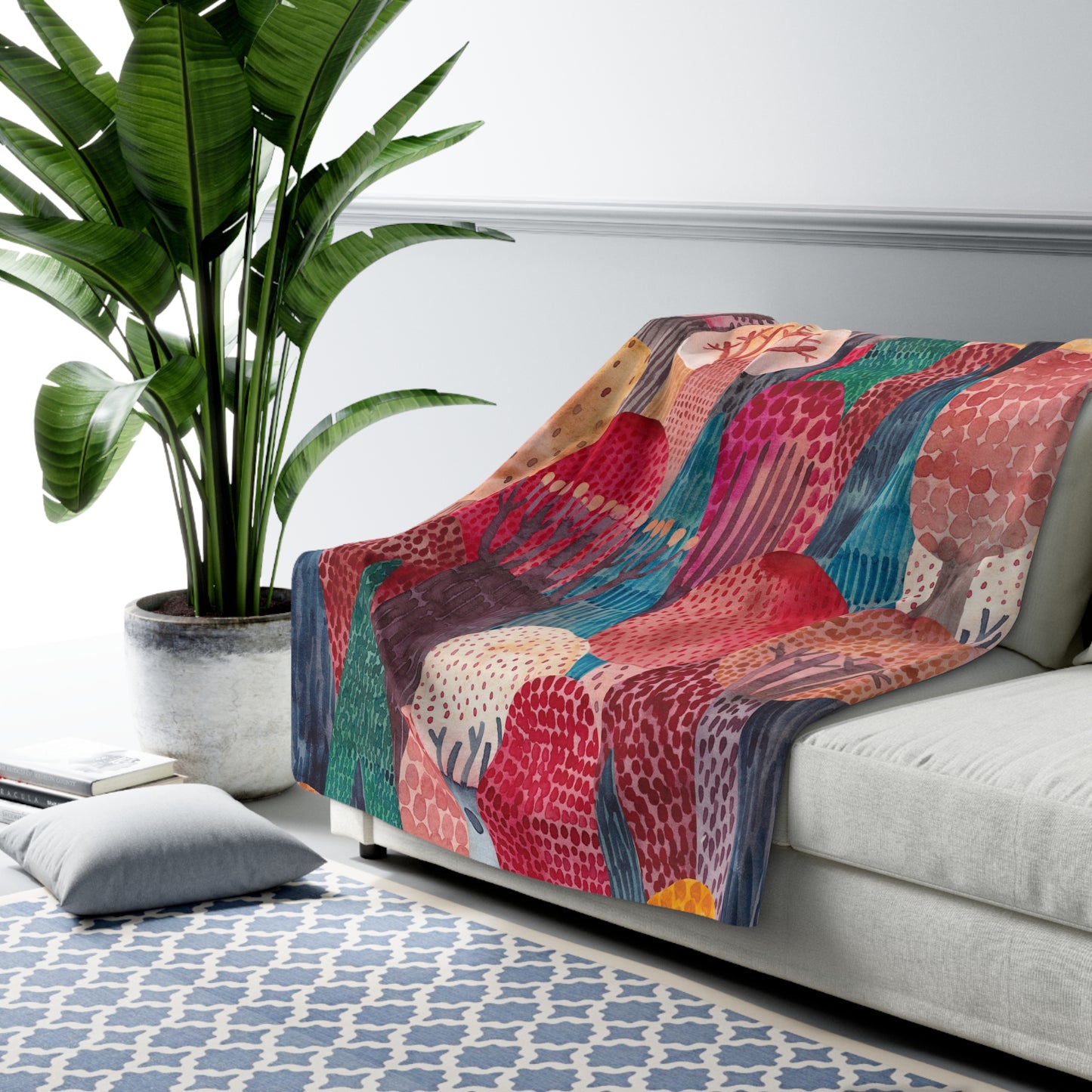 Cozy Forest Sherpa Blanket — Colorful Watercolor Trees Throw
