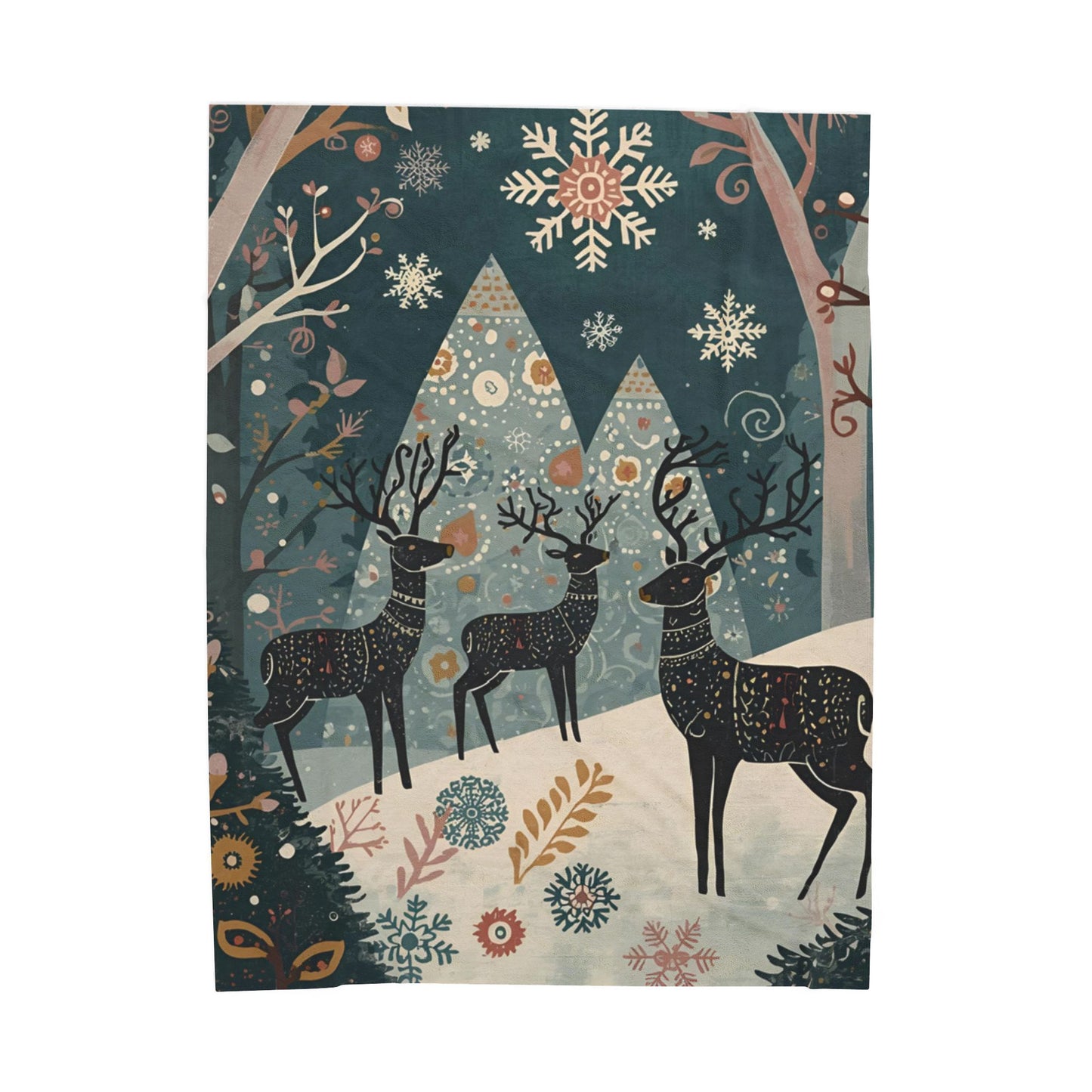 Whimsical Winter Deer Velveteen Plush Blanket | Cozy Woodland Throw | Soft Warm Blanket Gift| Snowflake & Deer Decor | Winter Home Accent