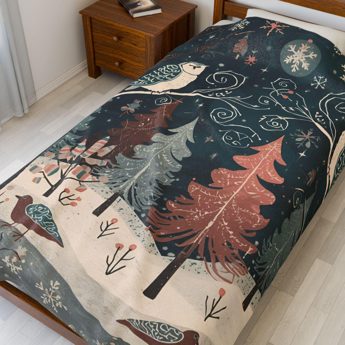 Whimsical Winter Owl Forest Velveteen Plush Blanket | Cozy Woodland Throw | Soft Plush Blanket Gift | Snowy Owl and Pine Tree Decor
