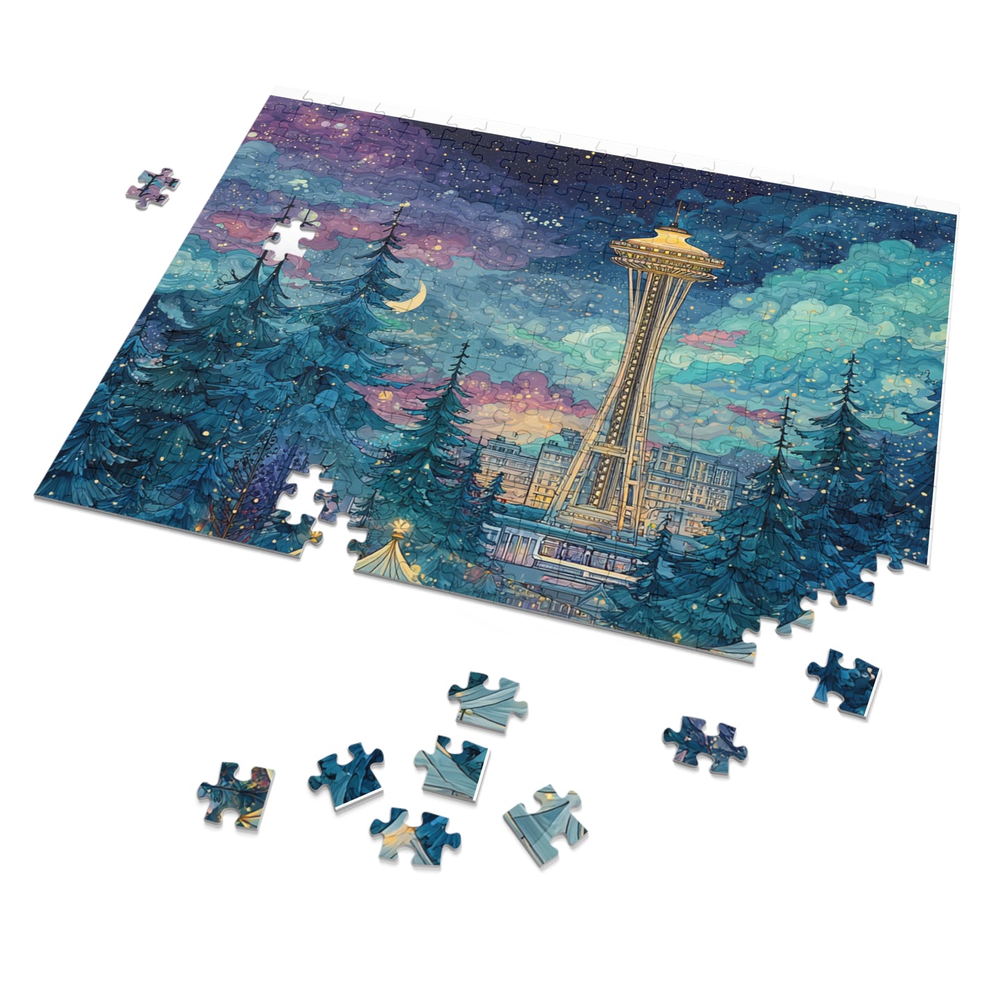 Whimsical Seattle Jigsaw Puzzle with Tin