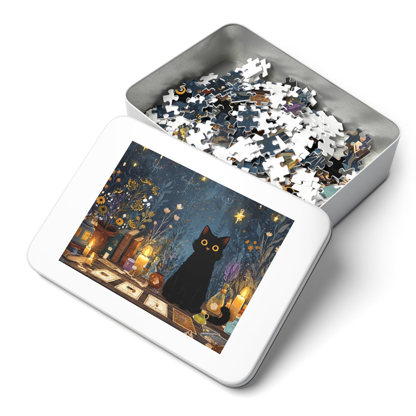 Enchanted Black Cat Puzzle with Tarot, Candles, and Spellbinding Herbs in A Gift Tin. Gift for Cat lovers, Halloween Gift Puzzle