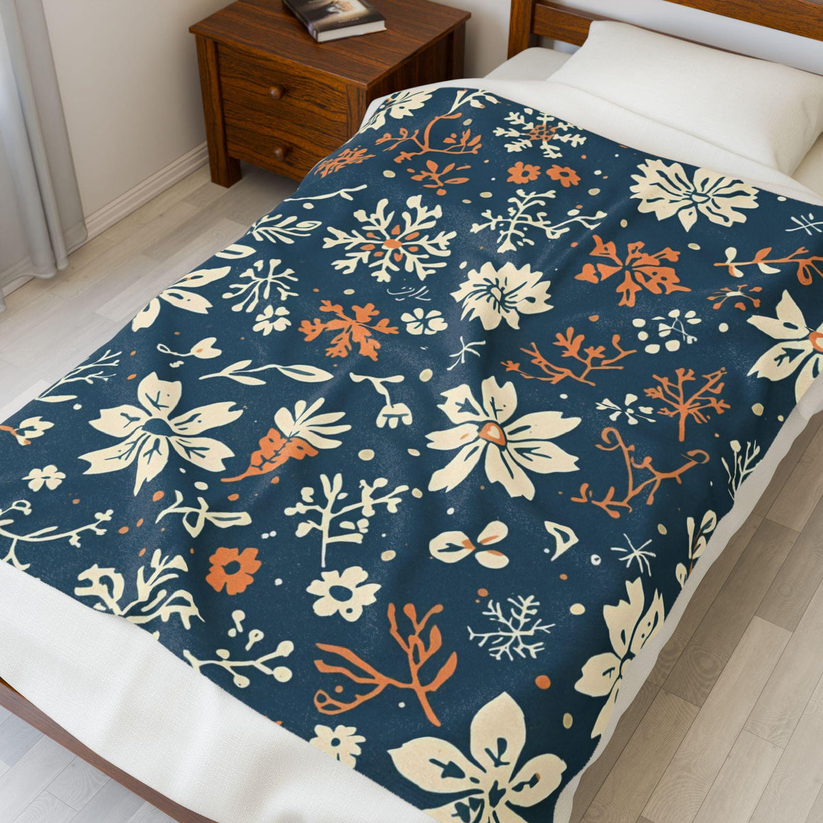 Navy Blue Snowflake Floral Velveteen Plush Blanket | Burnt Orange & Cream Winter Throw | Soft Cozy Blanket Gift Elegant Hygge Home Decor