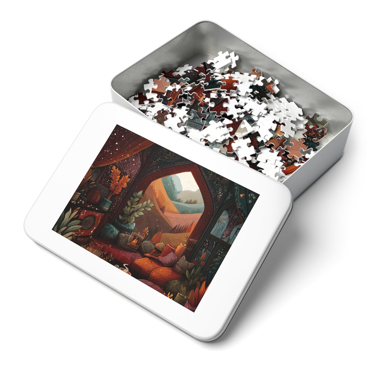 Cozy Autumn Window View Jigsaw Puzzle — 500-Piece Scenic Puzzle with Tin