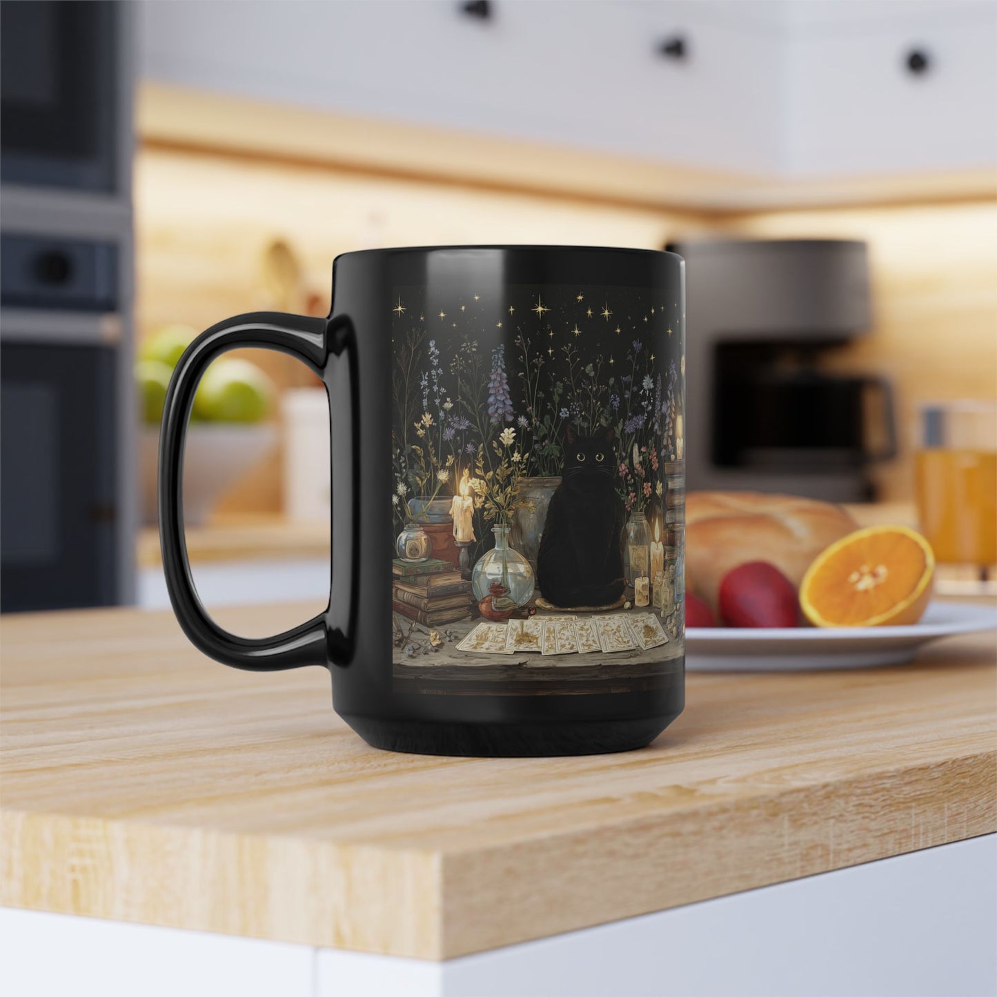 Witchy Black Cat Alchemy Mug — Candlelit Potions & Starry Books (11oz/15oz)