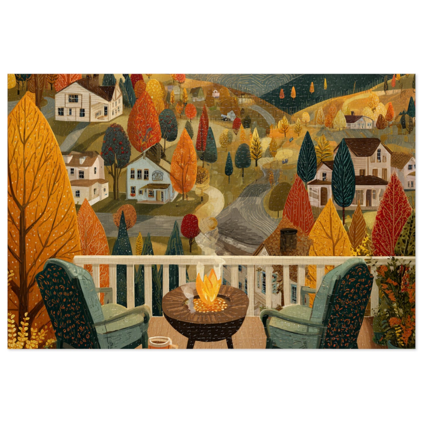 Autumn Porch Scene Jigsaw Puzzle with Tin — Cozy Fall Landscape 500pc