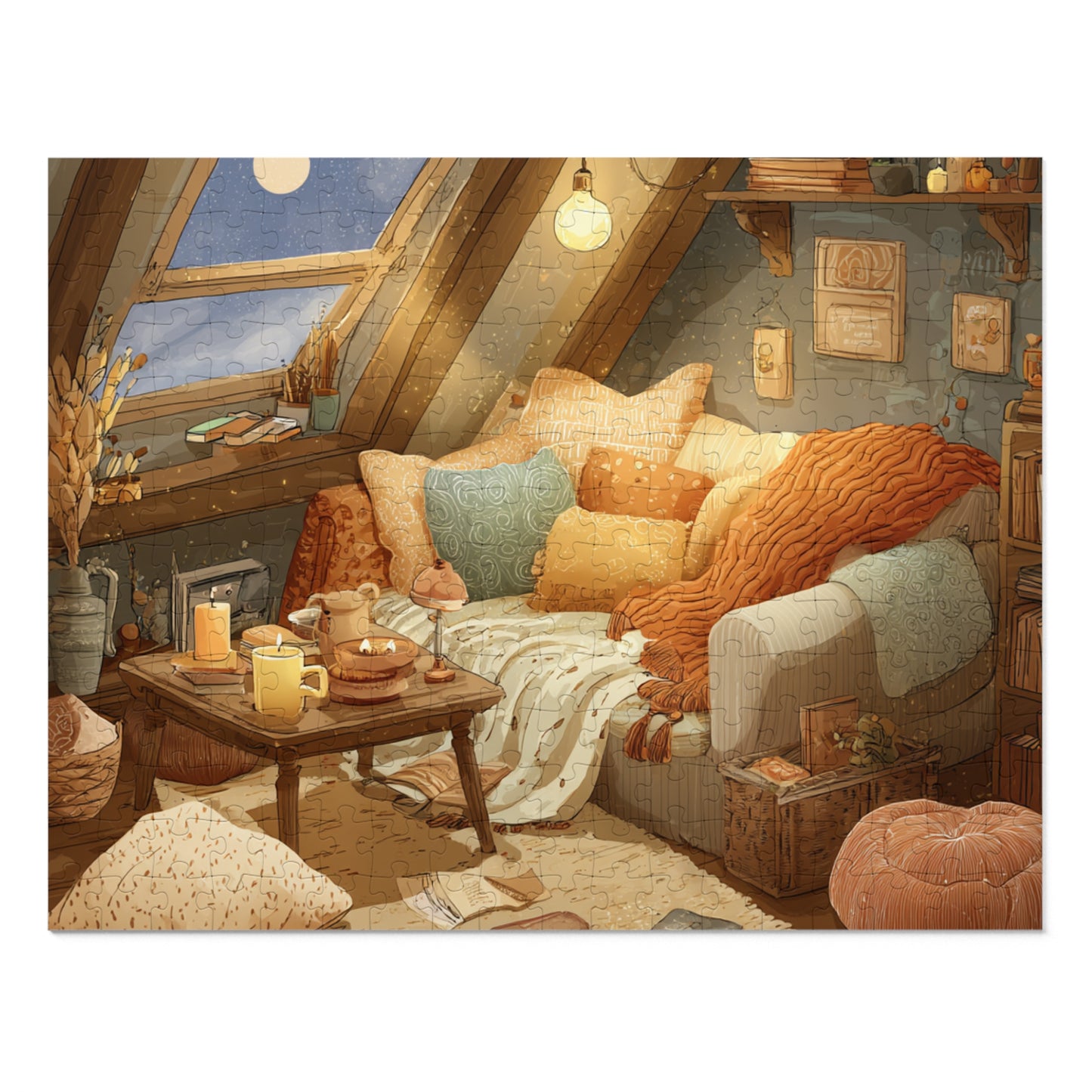 Cozy Attic Reading Nook Jigsaw Puzzle with Tin - 500pc Relaxing Home Illustration