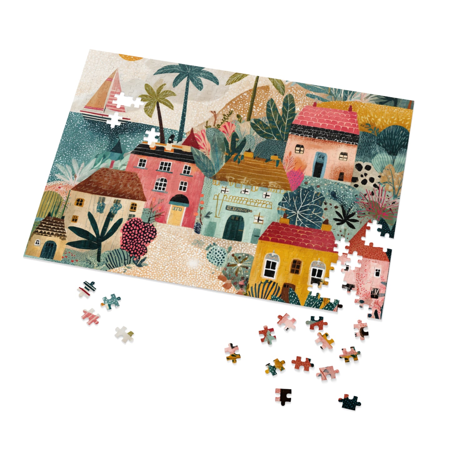 Colorful Coastal Village Jigsaw Puzzle with Tin – Fun Family Activity, Whimsical Folk Art Puzzle, Gift for All Ages