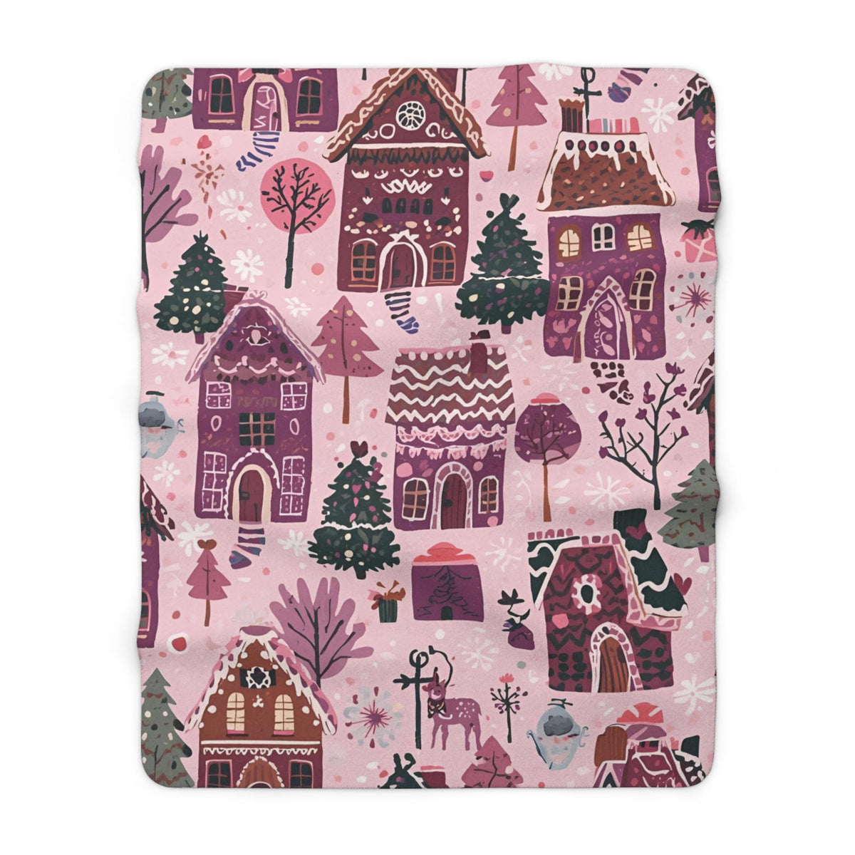 Whimsical Pink Gingerbread House Sherpa Fleece Blanket | Cozy Christmas Throw | Soft Plush Blanket Gift | Sweet Holiday Decor