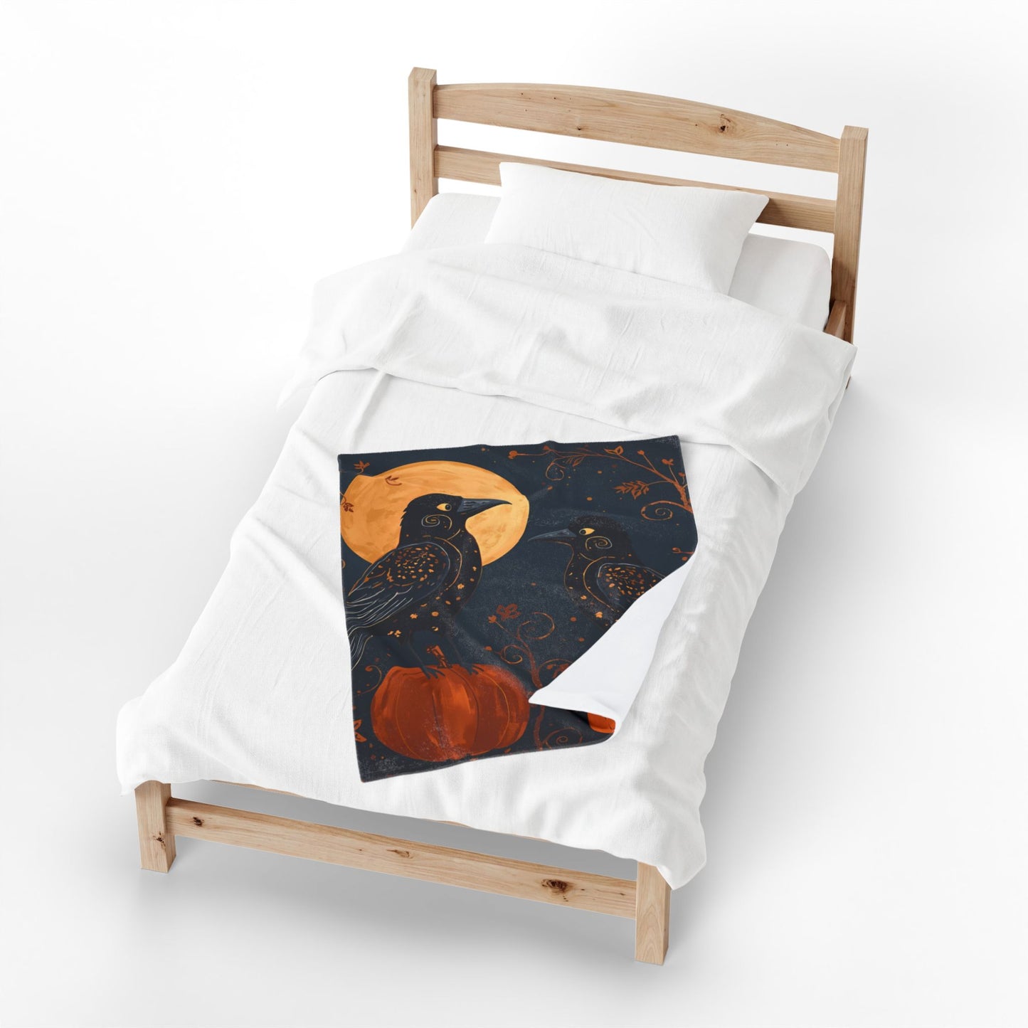 Whimsical Crows with Full Moon Velveteen Plush Blanket | Cozy Fall Throw | Warm Autumn Home Decor | Pumpkin Design