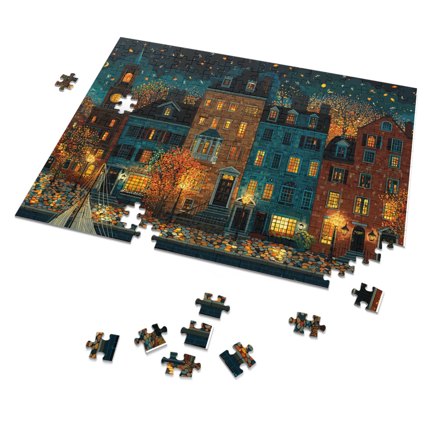 Whimsical Pennsylvania Fall Neighborhood Puzzle – A Cozy Autumn Escape Jigsaw Puzzle with Tin
