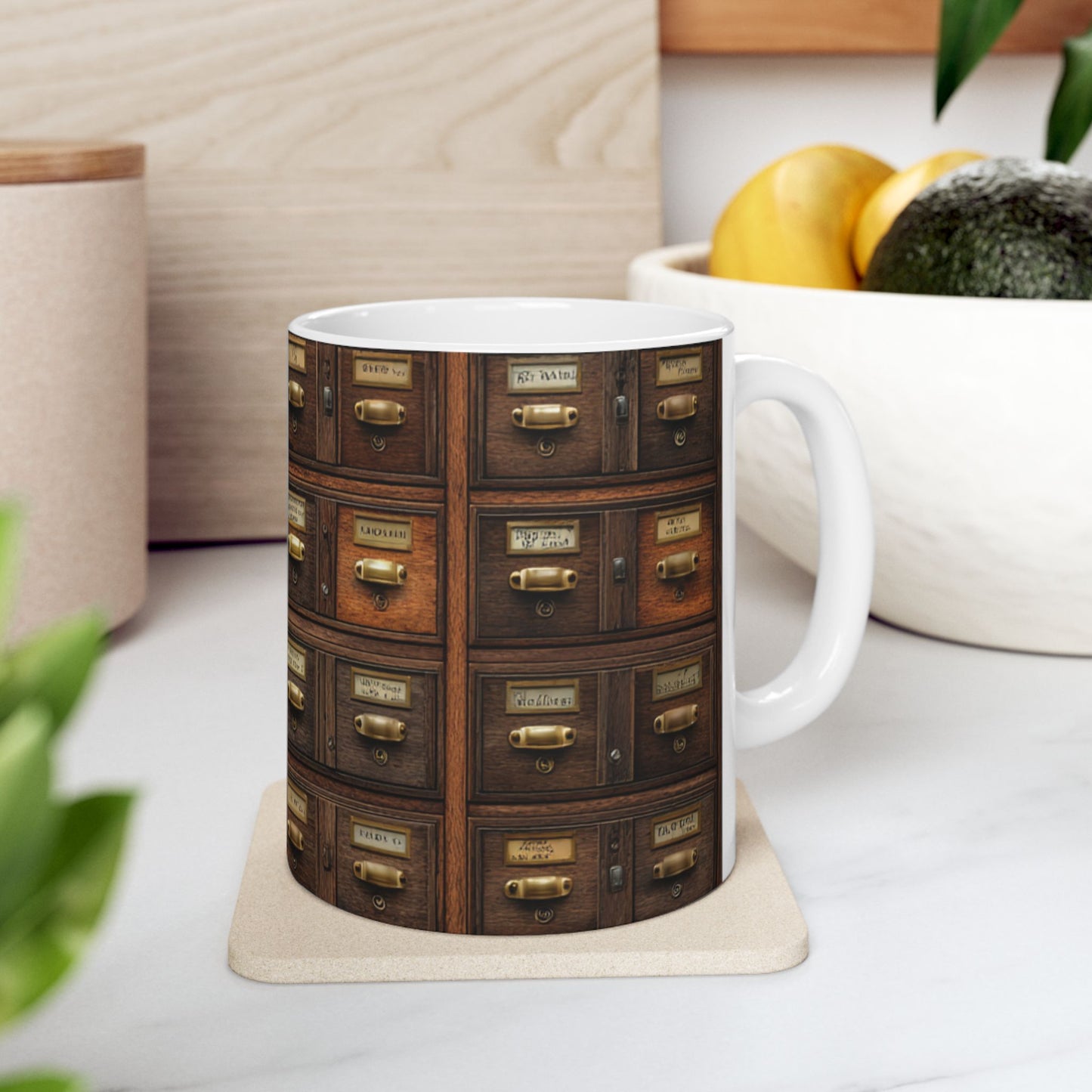 Vintage Library Card Catalog Mug — Antique Wooden Drawer Pattern Ceramic Coffee Cup (11oz/15oz)