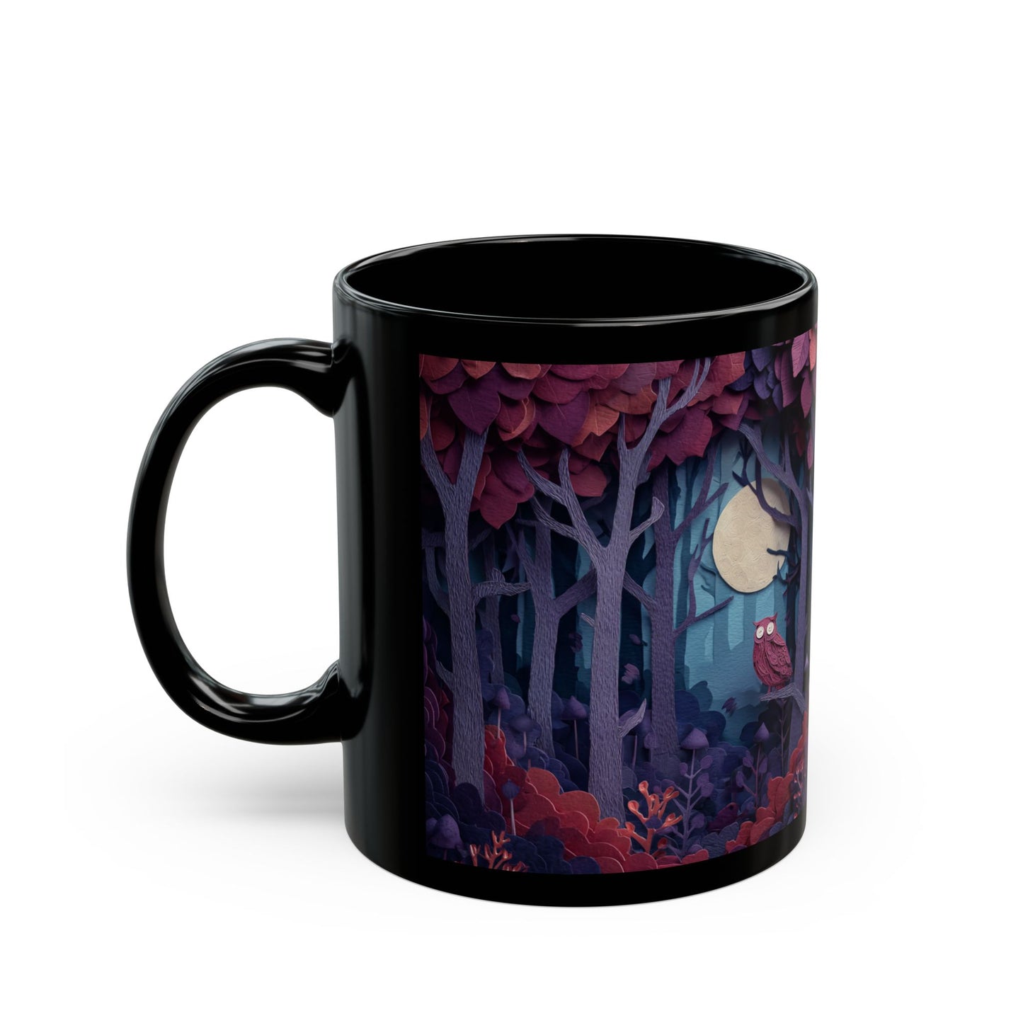 Black Mug with Mystical Forest, Owl and Moon, Colorful Autumn Coffee Cup, Magical Fall Drinkware, 11oz and 15oz