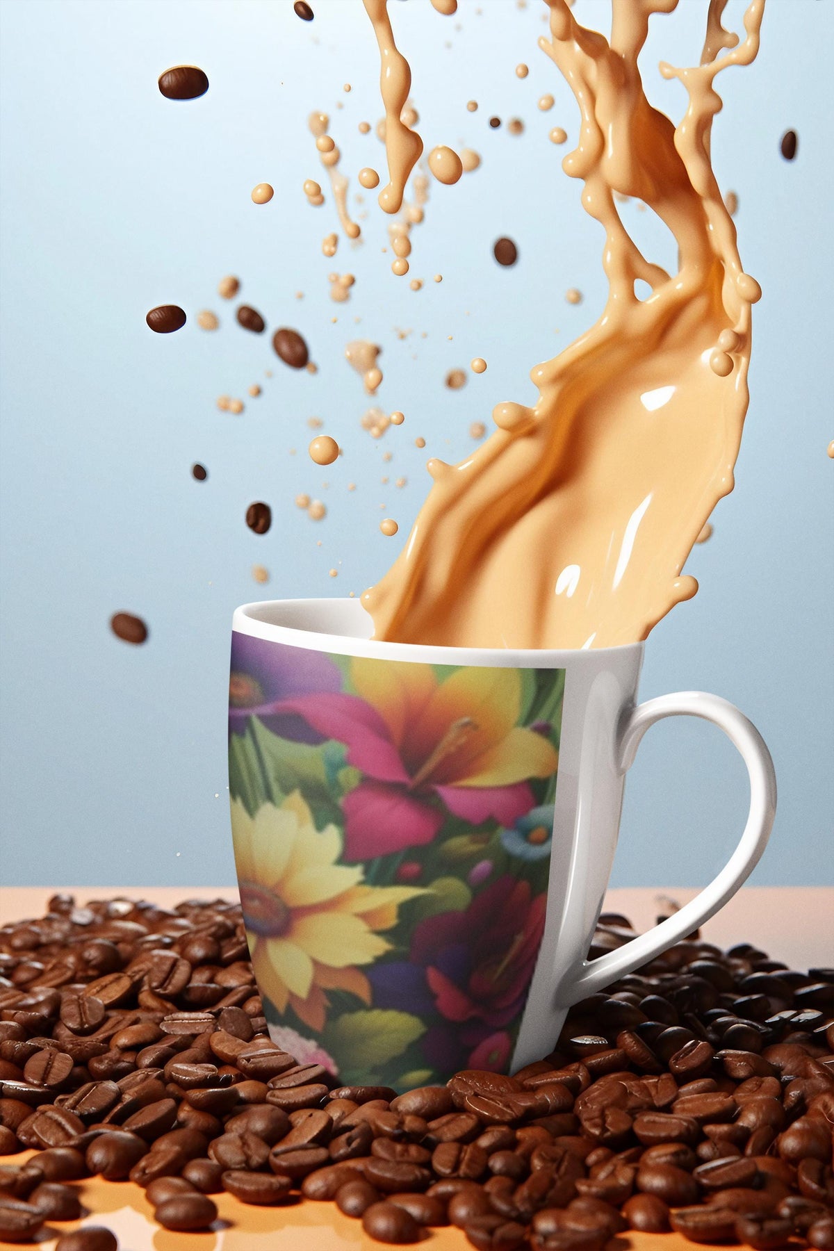 Floral Latte Mug, Bright Colorful 12 oz Coffee Cup with Pink, Yellow, Gift for Flower Lovers, Gift for Coffee Lovers, 12 oz Mug