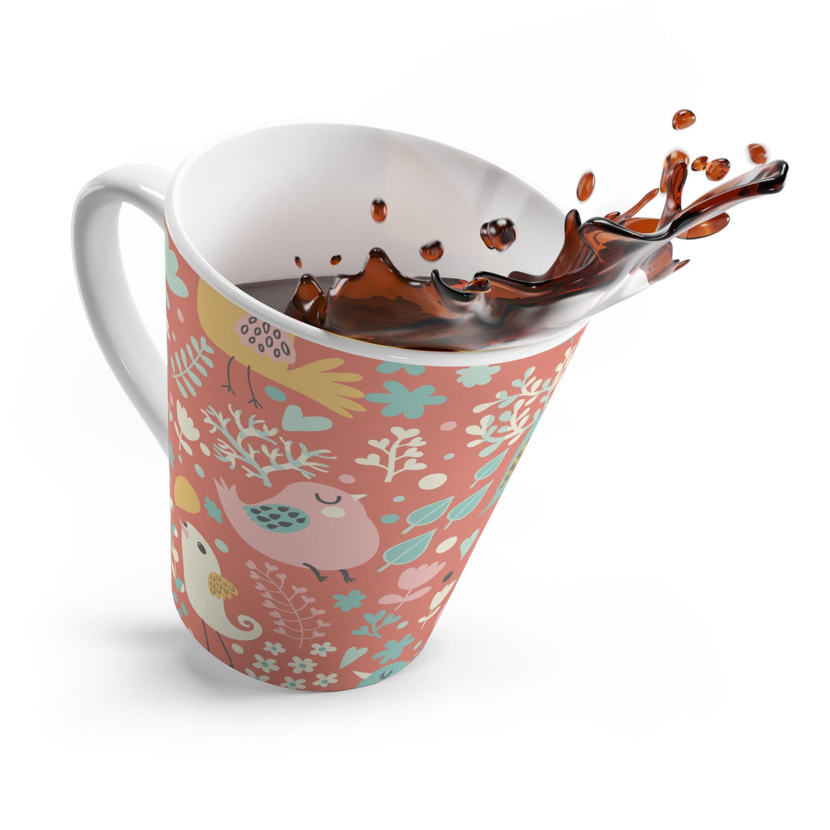 Whimsical Pink Bird Latte Mug - Bird and HeartThemed 12 oz Mug, Cute Gift for Bird Lovers, Floral Art Mug, Coffee Lover Gift