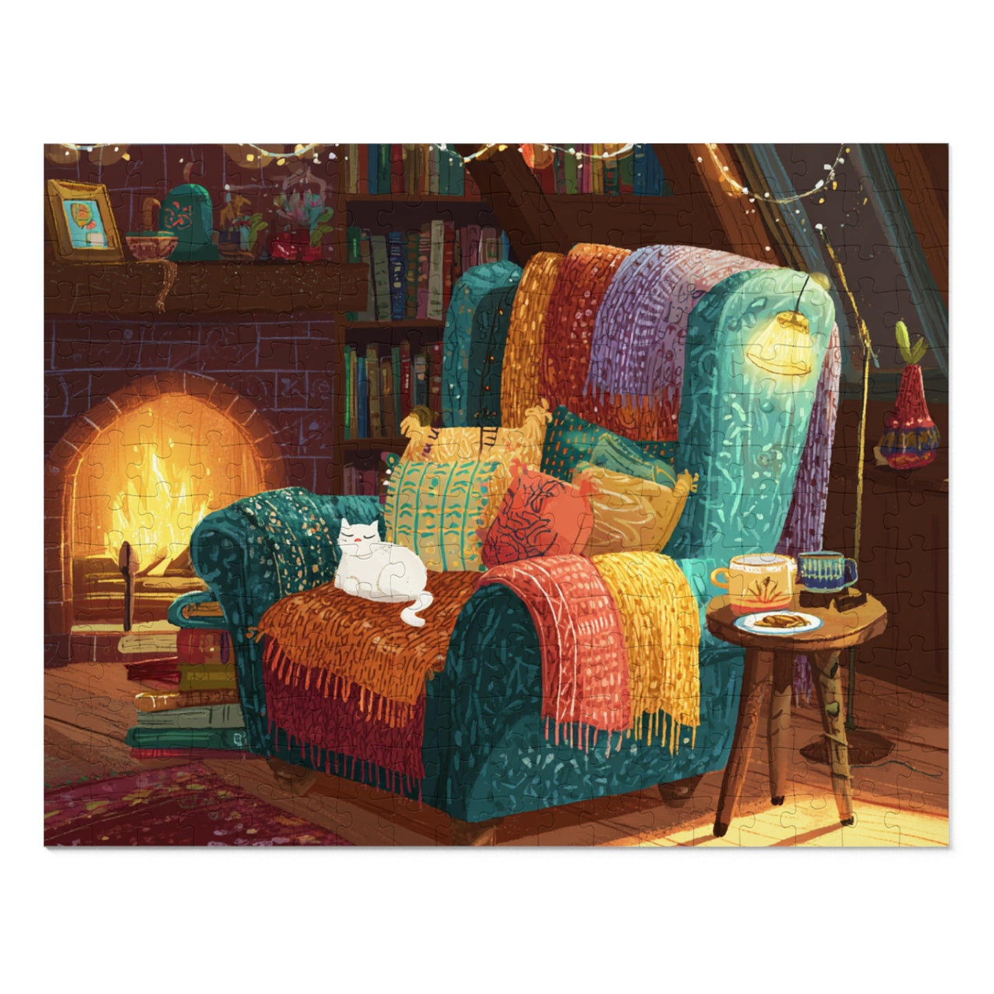 Colorful Cozy Armchair With A White Cat and Fireplace Jigsaw Puzzle with Tin – 500-Piece Relaxing Reading Nook Scene