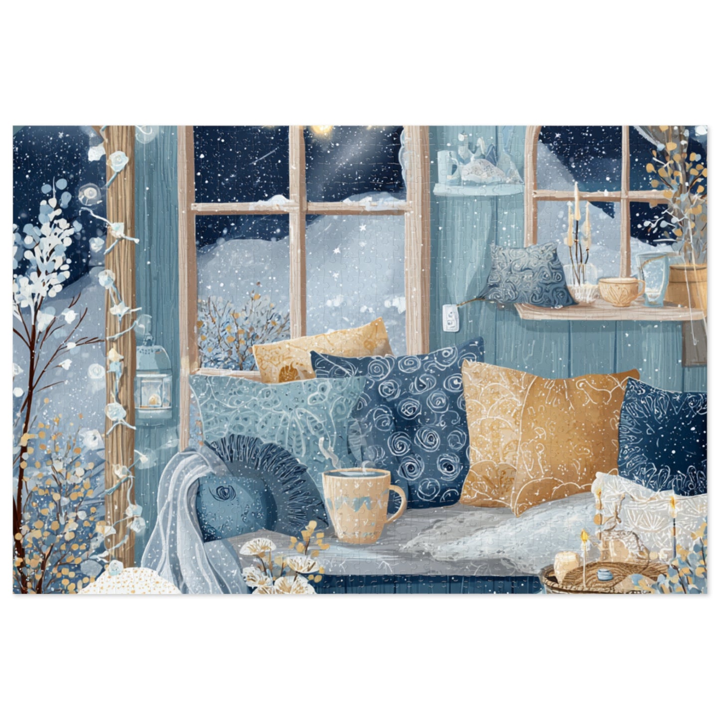 Snowy Hygge Evening by the Window | Cozy Winter Jigsaw Puzzle | Warm Lights, Candles & Cocoa | Relaxing Night-In Puzzle