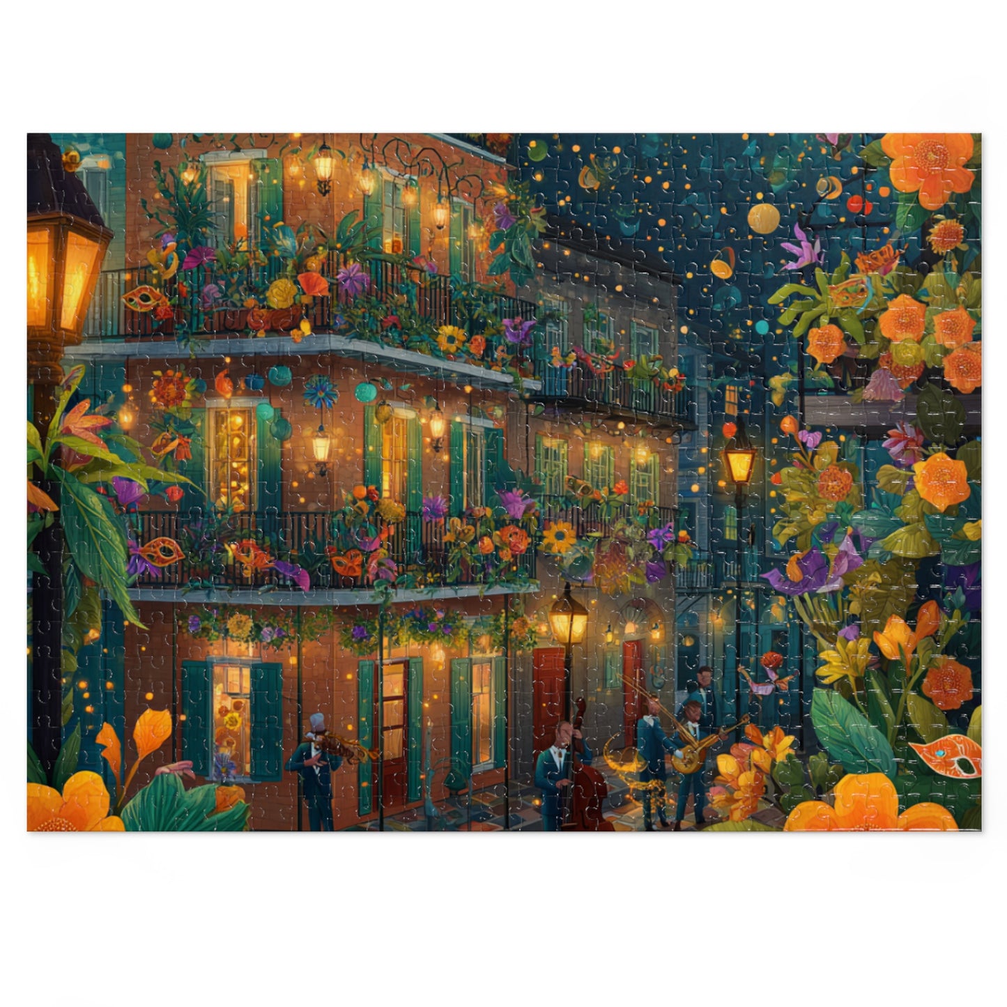 Whimsical New Orleans Jazz Puzzle – A Colorful Night in the Crescent City Jigsaw Puzzle with Tin