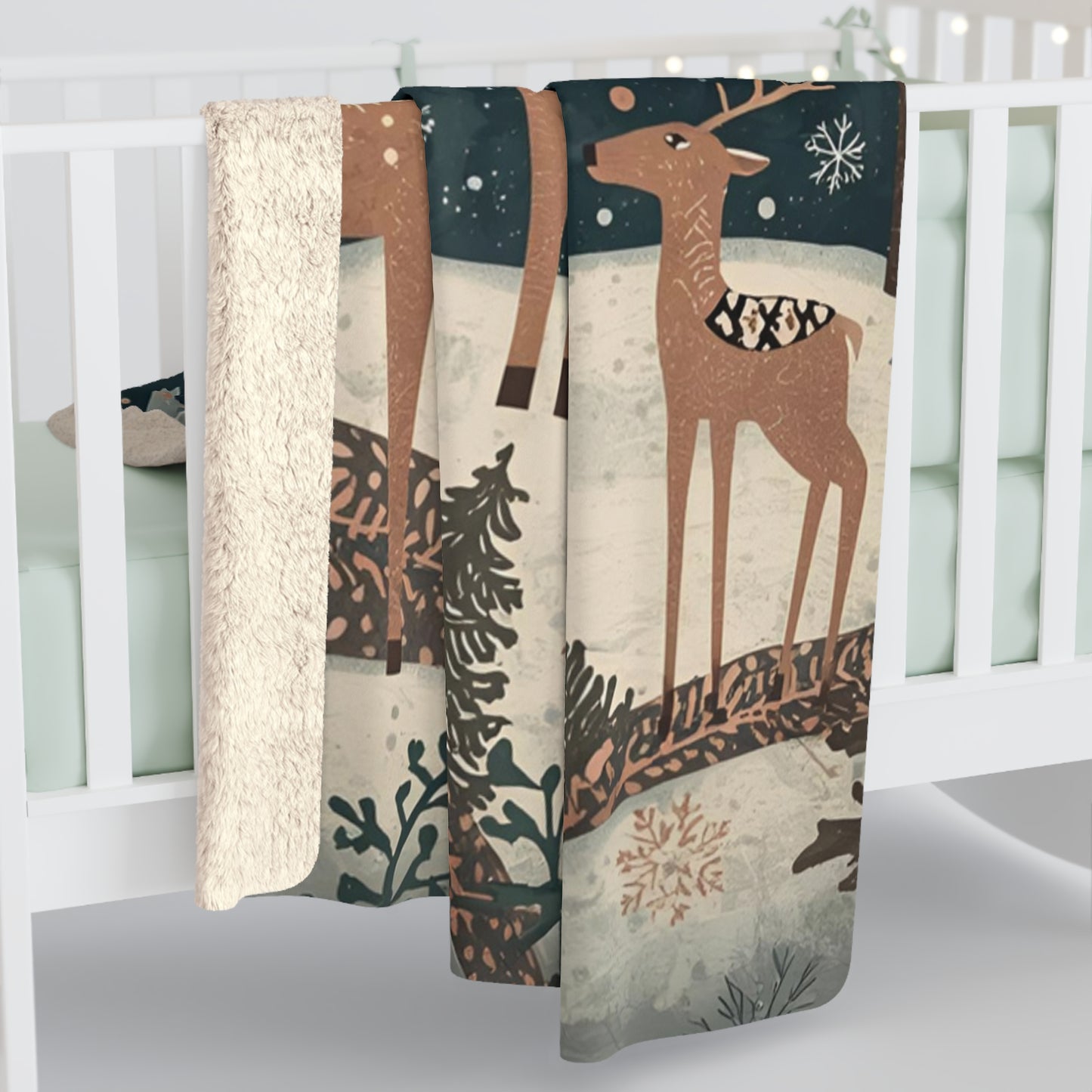 Whimsical Deer Sherpa Fleece Blanket | Winter Deer, Snowflake & Pine Tree Throw | Cozy Woodland Blanket Gift | Soft Plush Warm Winter Decor