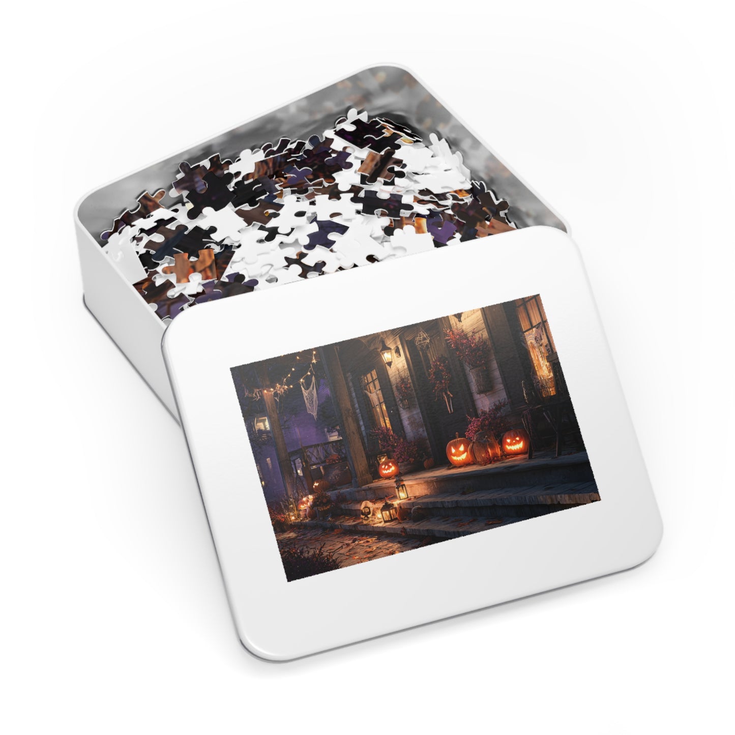 Halloween Porch Jigsaw Puzzle with Tin – Spooky Jack-O’-Lantern Night