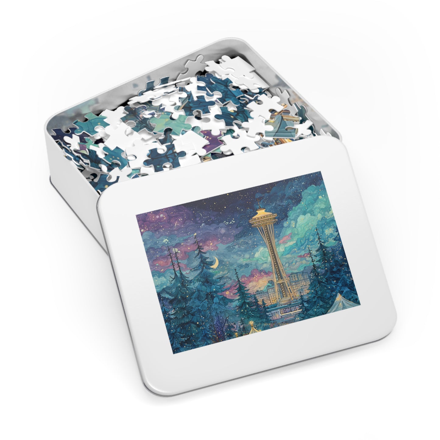 Whimsical Seattle Jigsaw Puzzle with Tin