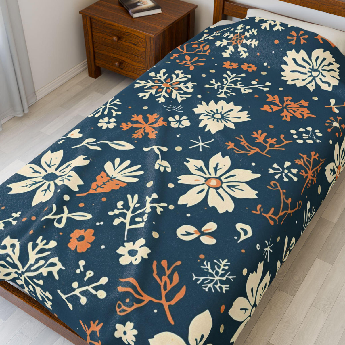 Navy Blue Snowflake Floral Velveteen Plush Blanket | Burnt Orange & Cream Winter Throw | Soft Cozy Blanket Gift Elegant Hygge Home Decor