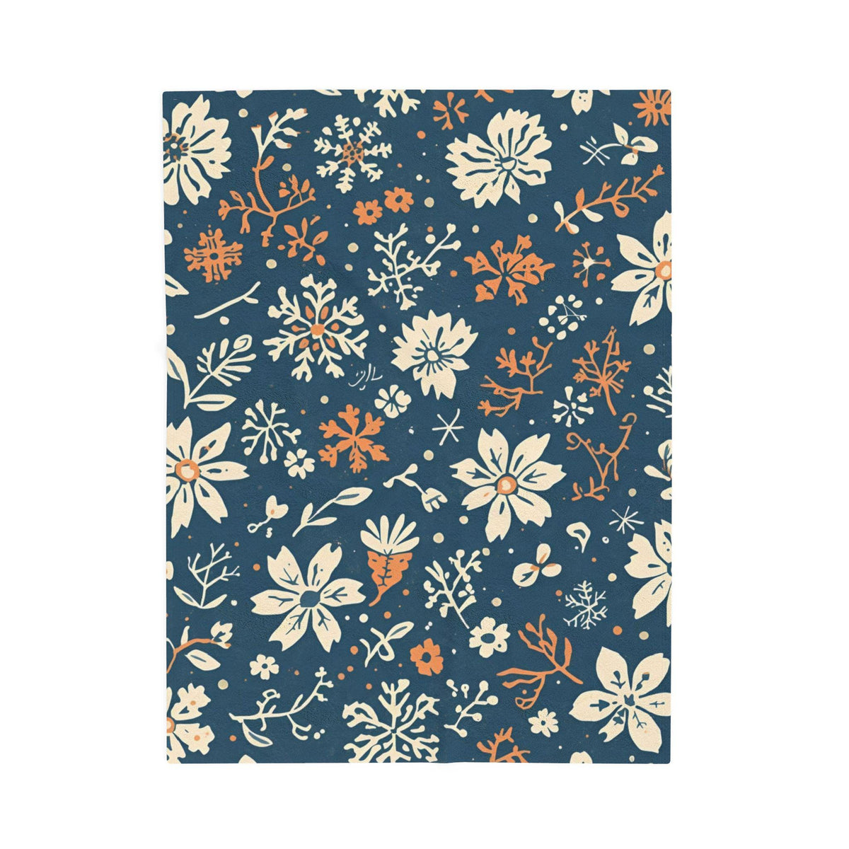 Navy Blue Snowflake Floral Velveteen Plush Blanket | Burnt Orange & Cream Winter Throw | Soft Cozy Blanket Gift Elegant Hygge Home Decor