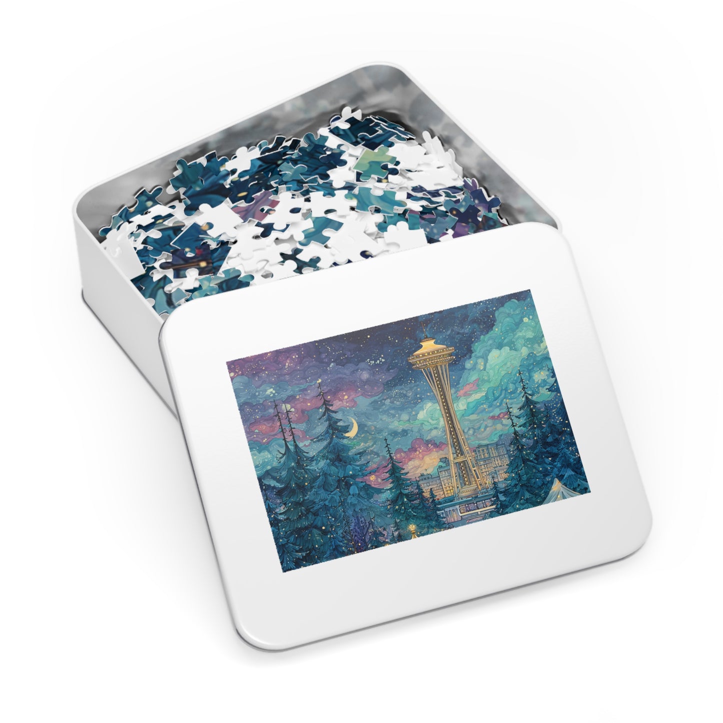 Whimsical Seattle Jigsaw Puzzle with Tin