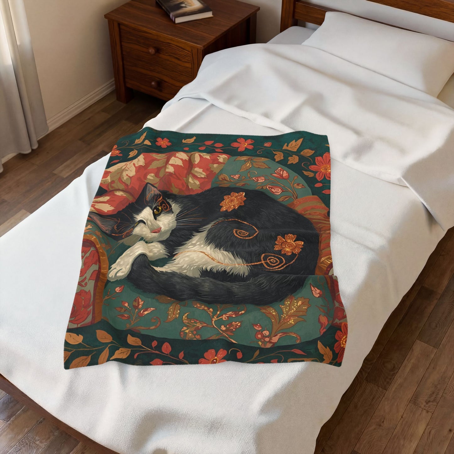 Whimsical Cat on Cozy Chair Velveteen Plush Blanket | Fall Home Decor | Soft Warm Throw | Cozy Cat Lover Gift | Autumn Aesthetic Blanket
