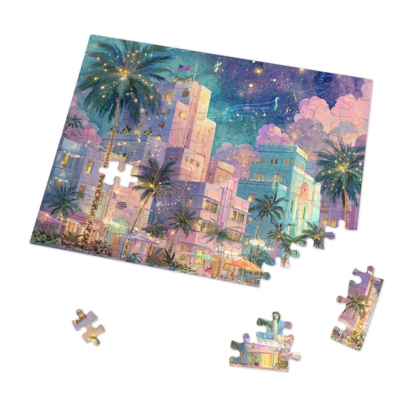 Whimsical Miami Puzzle – Colorful Tropical Cityscape-Jigsaw Puzzle with Tin