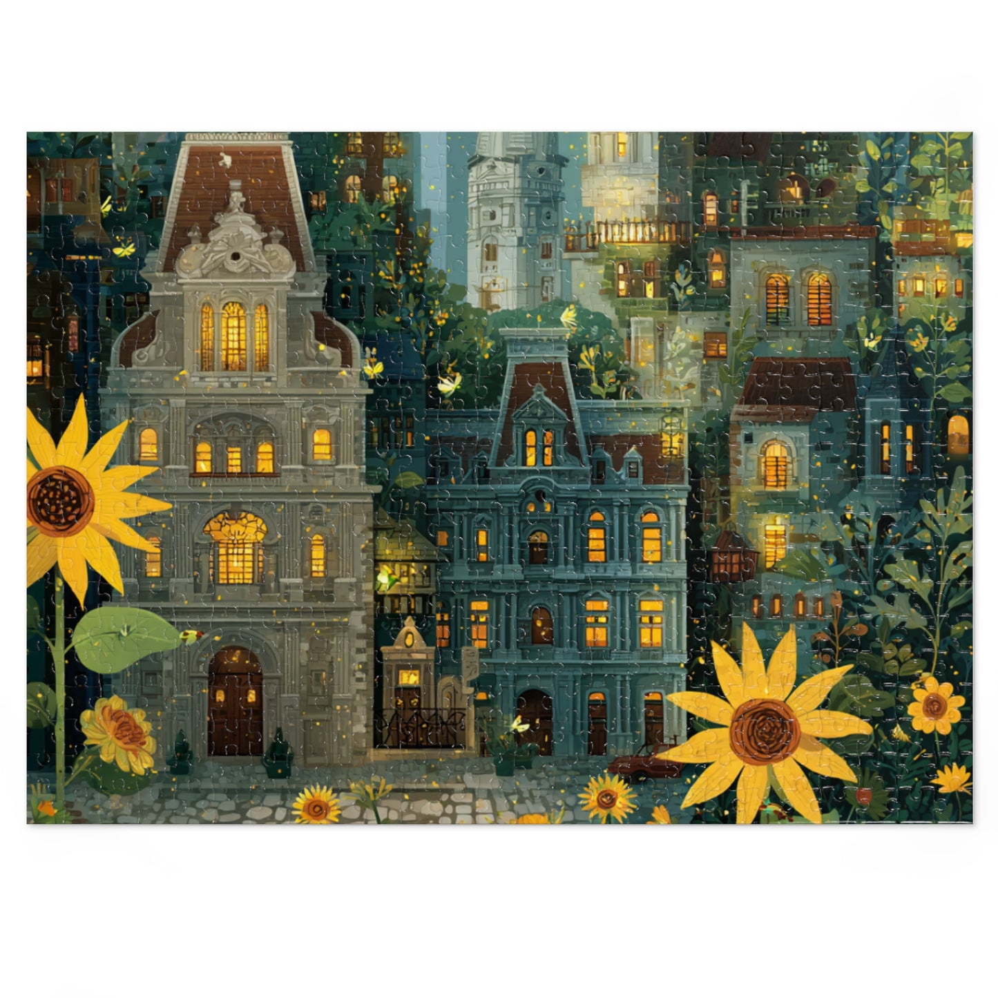 Whimsical Philadelphia Cityscape Sunflower Jigsaw Puzzle with Tin