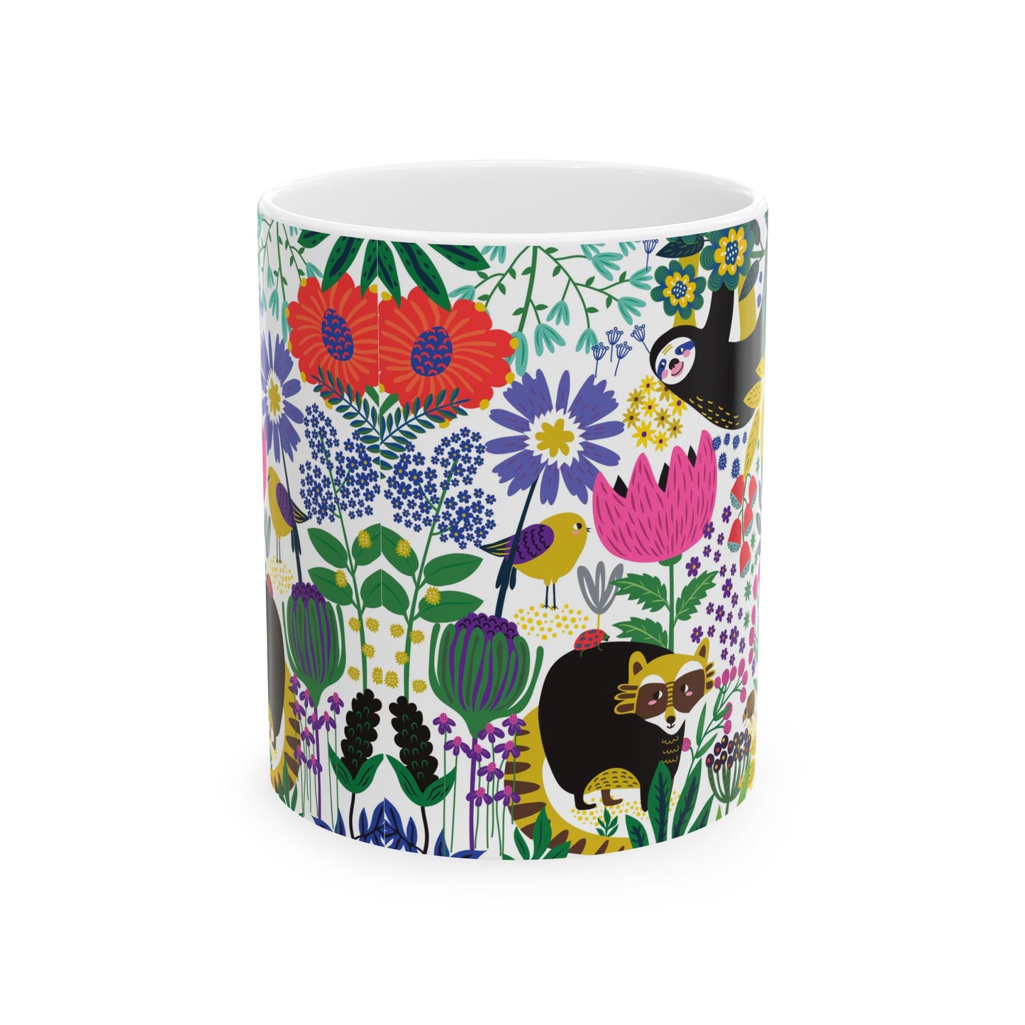 Whimsical Sloth & Raccoon Mug, Bright Floral Forest Animal Coffee Cup, Cheerful Design, 11oz and  15oz, Cute Animal Lover Gift