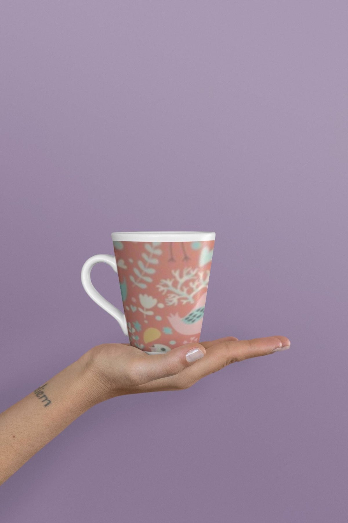 Whimsical Pink Bird Latte Mug - Bird and HeartThemed 12 oz Mug, Cute Gift for Bird Lovers, Floral Art Mug, Coffee Lover Gift