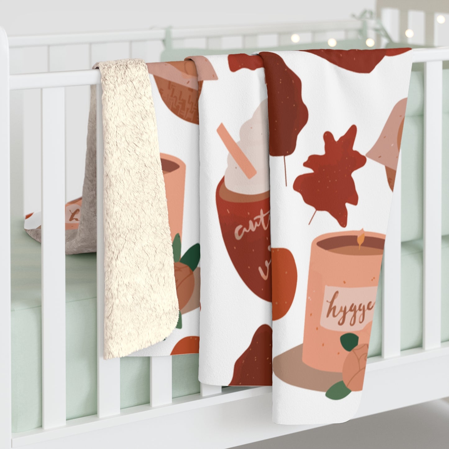 Autumn Vibes Hygge Sherpa Fleece Blanket | Cozy Fall Throw | Coffee & Leaves Design | Soft Plush Blanket Gift for Her