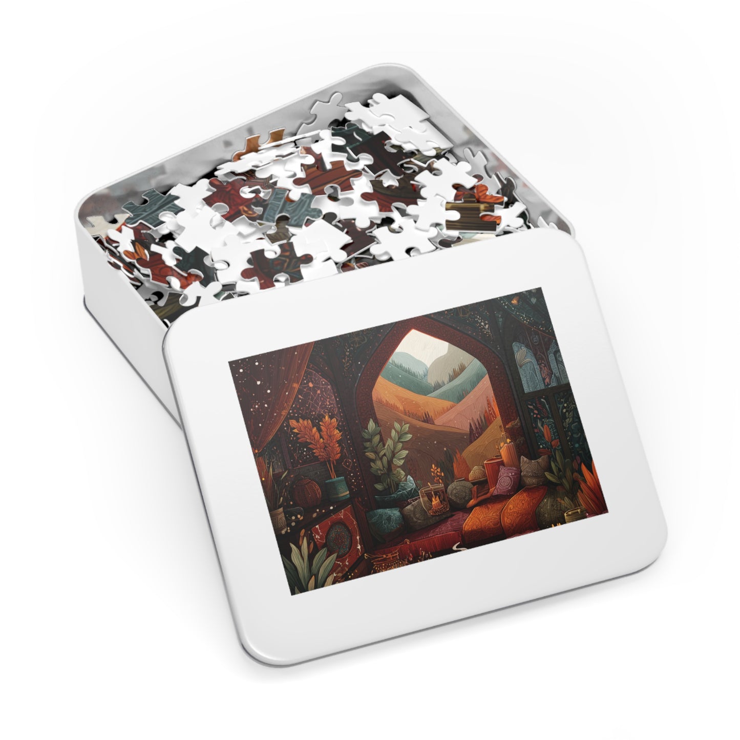 Cozy Autumn Window View Jigsaw Puzzle — 500-Piece Scenic Puzzle with Tin