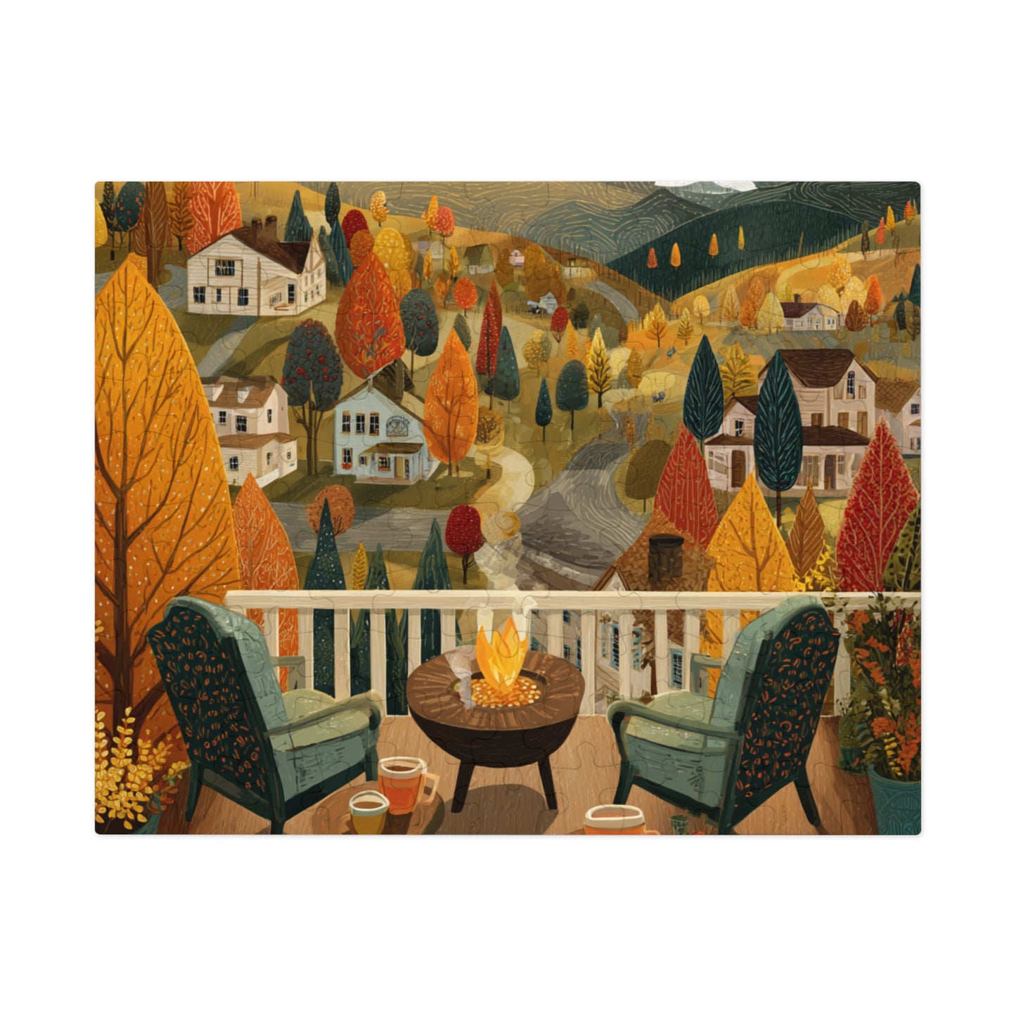 Autumn Porch Scene Jigsaw Puzzle with Tin — Cozy Fall Landscape 500pc