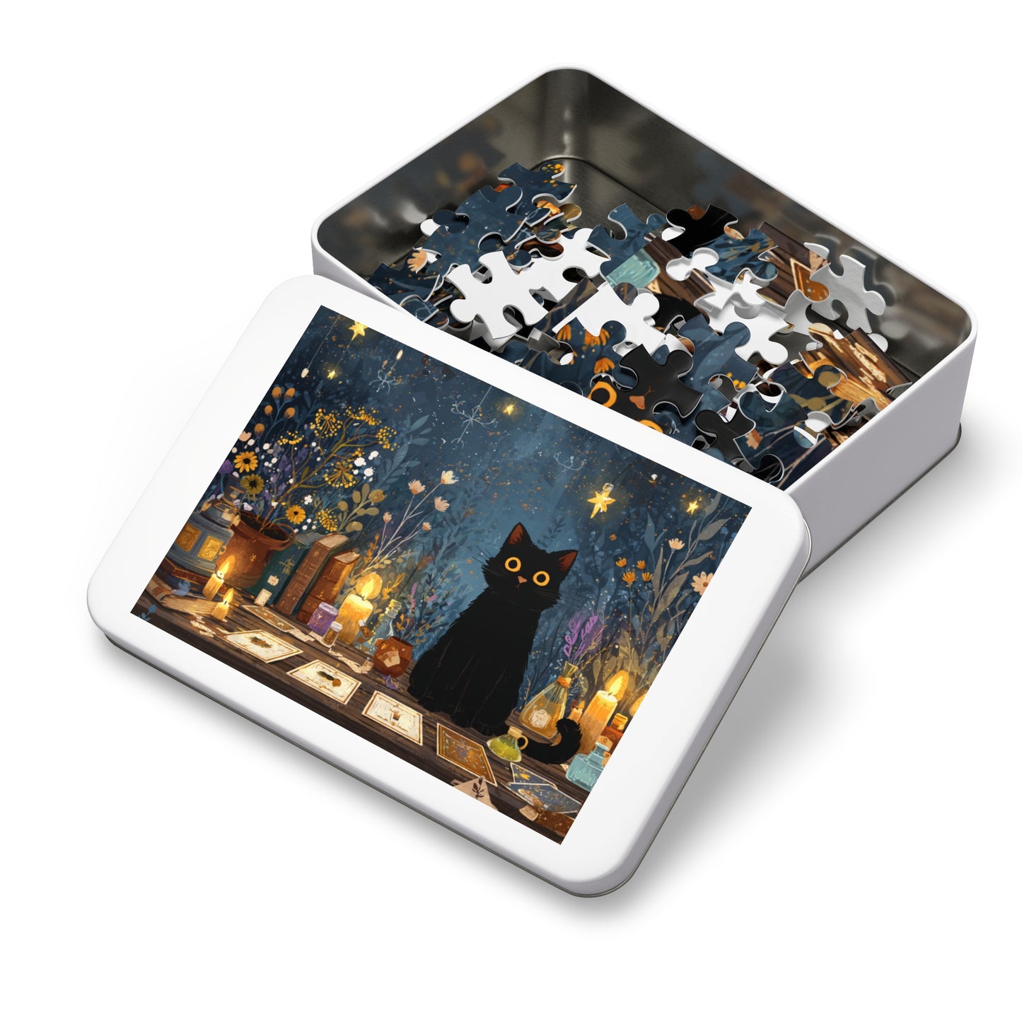 Enchanted Black Cat Puzzle with Tarot, Candles, and Spellbinding Herbs in A Gift Tin. Gift for Cat lovers, Halloween Gift Puzzle