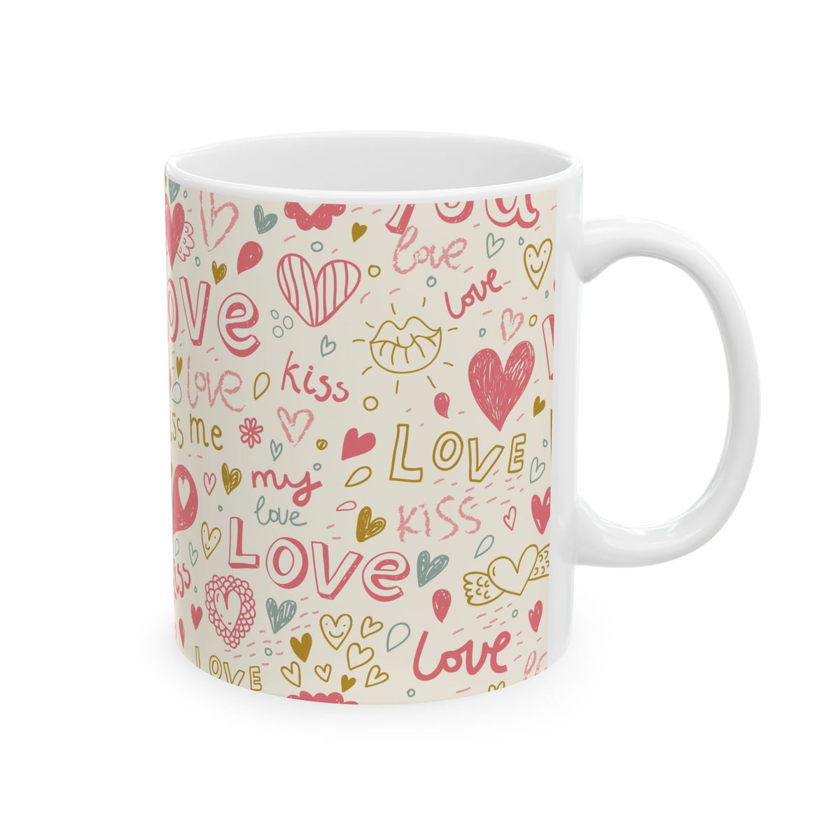 Colorful Love Mug, Hearts and Kisses Coffee Cup, Valentines Day Gift, Romantic Mug for Couples, Gift for Friends, Family, Significant Other